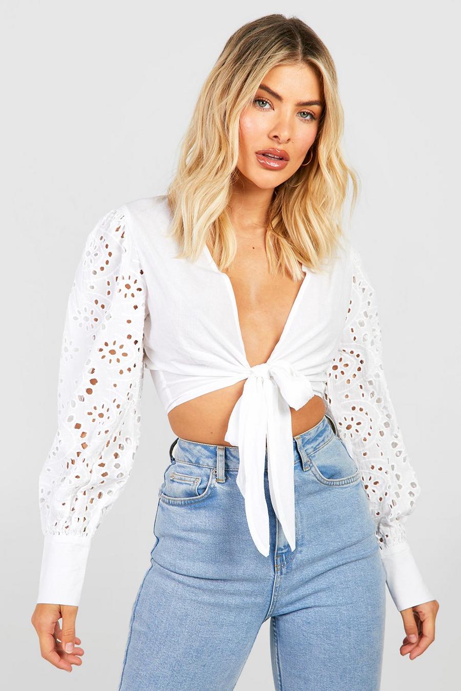 White Broderie Sleeve Tie Front Crop Top image number 1