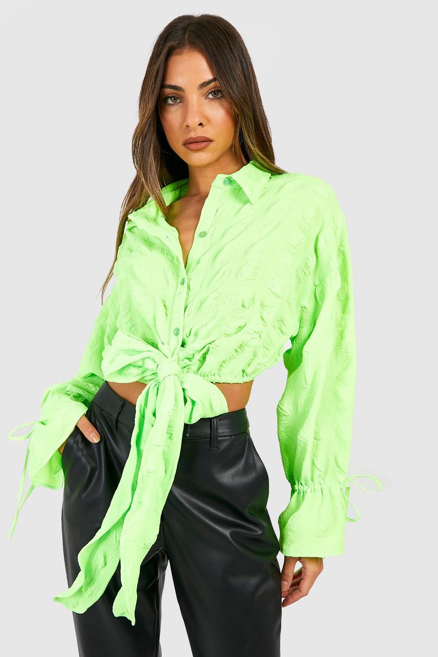 Lime Textured Tie Front Crop Shirt