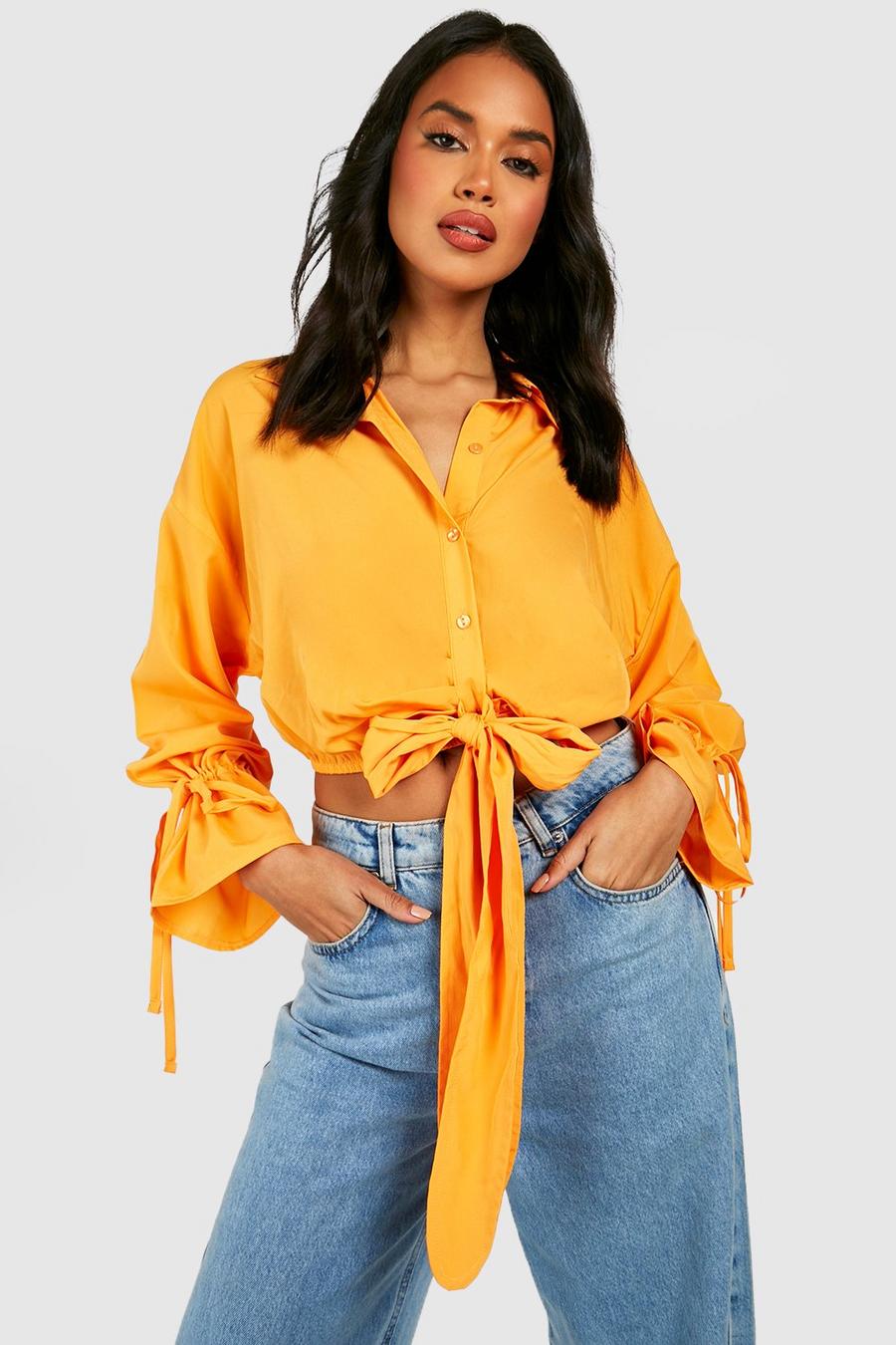 Orange Tie Front Crop Shirt  image number 1
