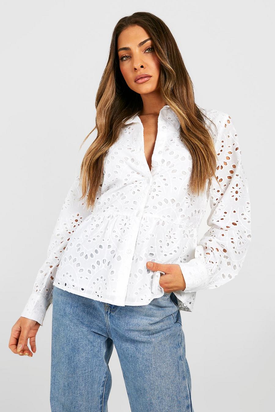 White Gesmokte Broderie Blouse image number 1