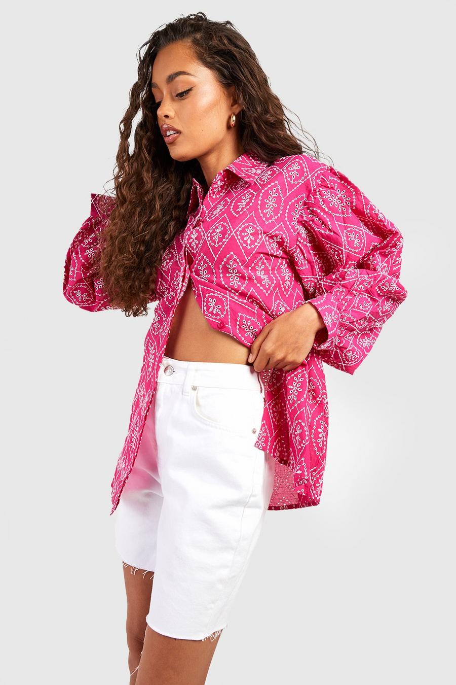Oversize Kontrast Lochmuster-Hemd, Hot pink image number 1