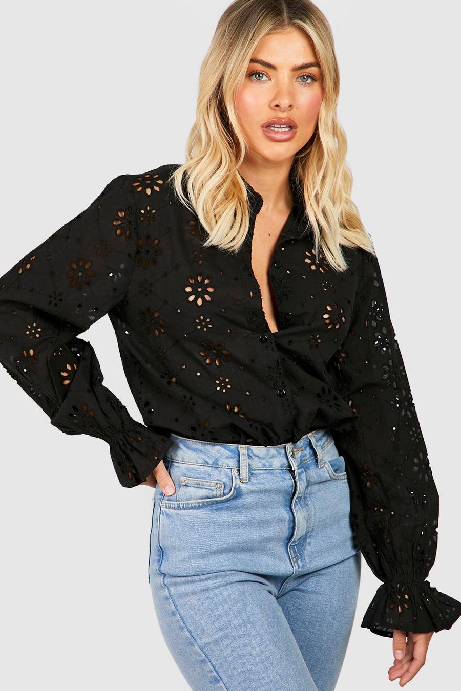 Black Oversized Frill Cuff Broderie Shirt image number 1