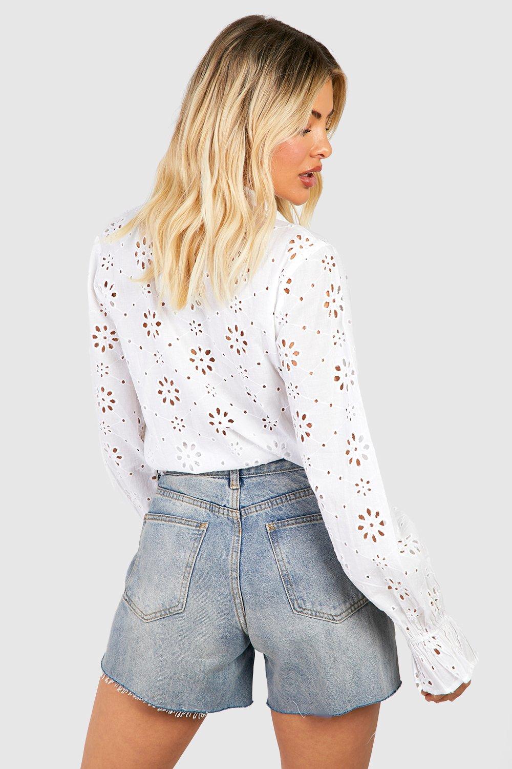 White Oversized Frill Cuff Broderie Shirt