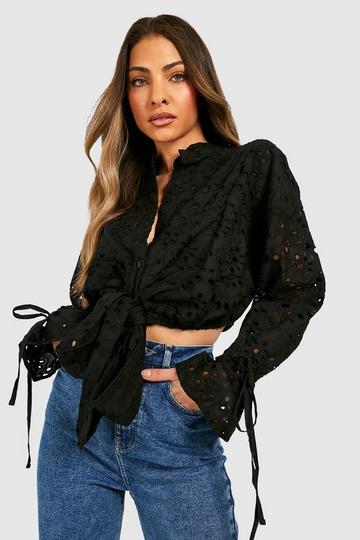 Tie Front Eyelet Shirt black