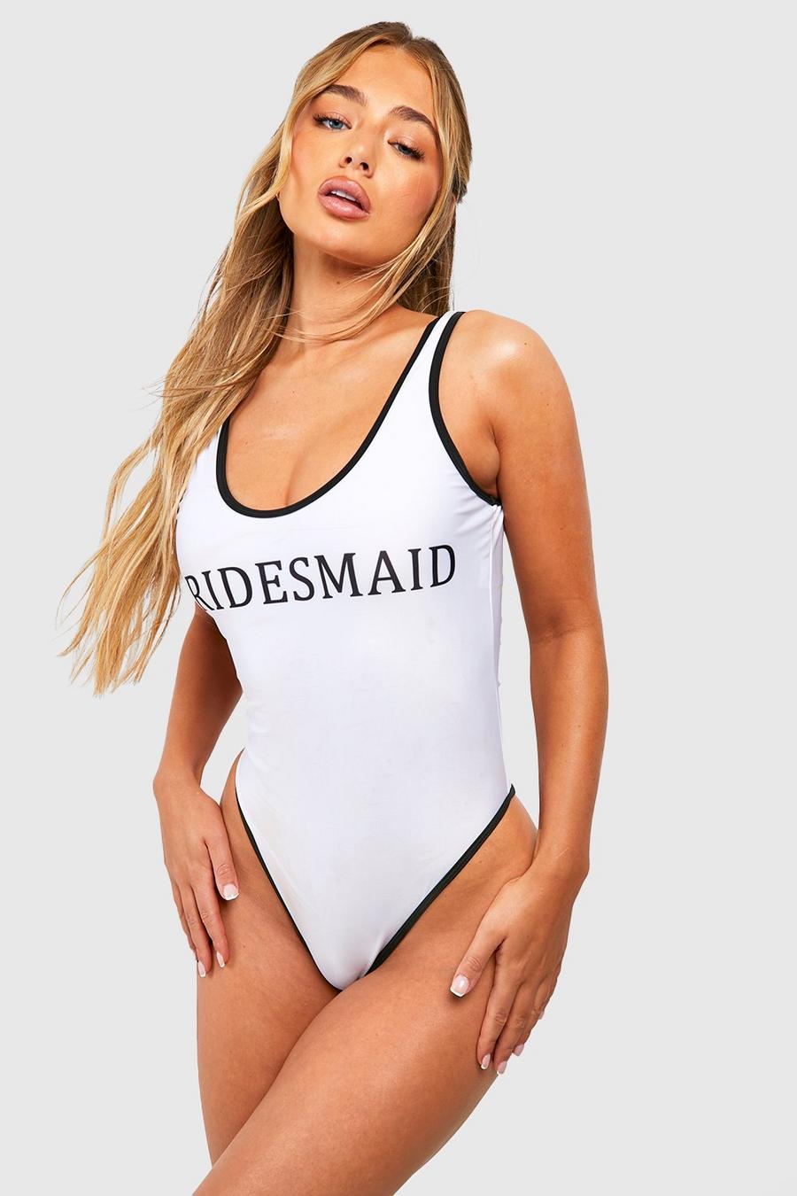 White Bridesmaid Contrast Binding Swimsuit image number 1