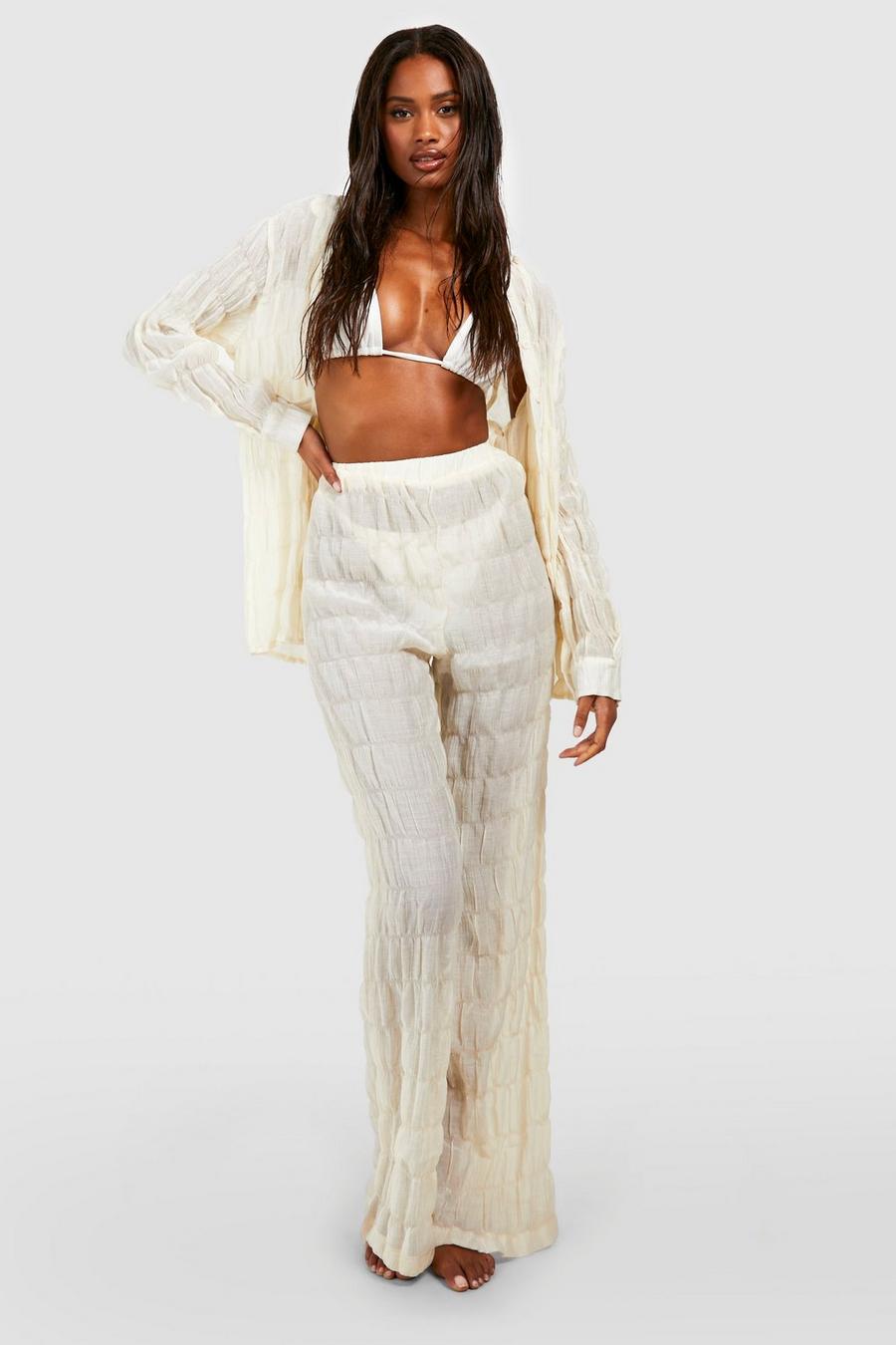 Off white Shirred Crinkle Beach Pants image number 1