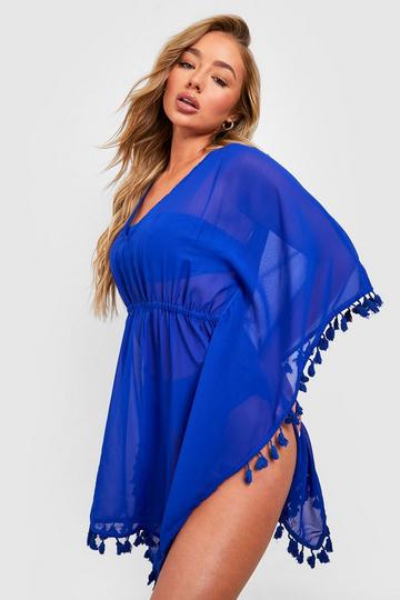 Chiffon Tassel Trim Plunge Beach Kaftan blue