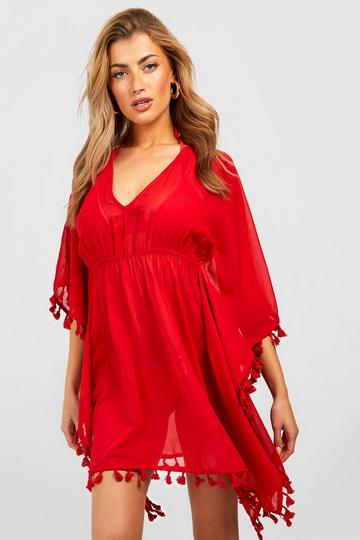 Chiffon Tassel Trim Plunge Beach Kaftan red