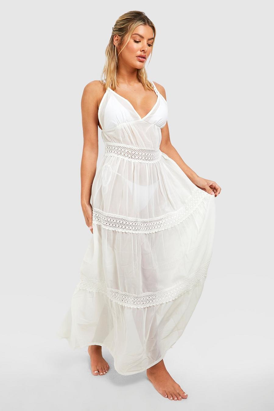 White Chiffon Plunge Lace Tiered Trim Maxi Beach Dress image number 1
