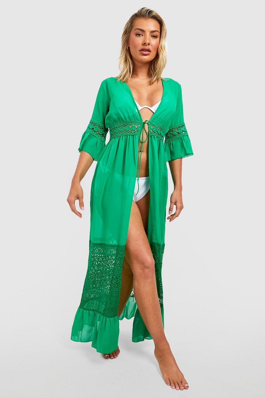Kimono para la playa de chifón con ribete de encaje y atadura en la cintura, Green image number 1
