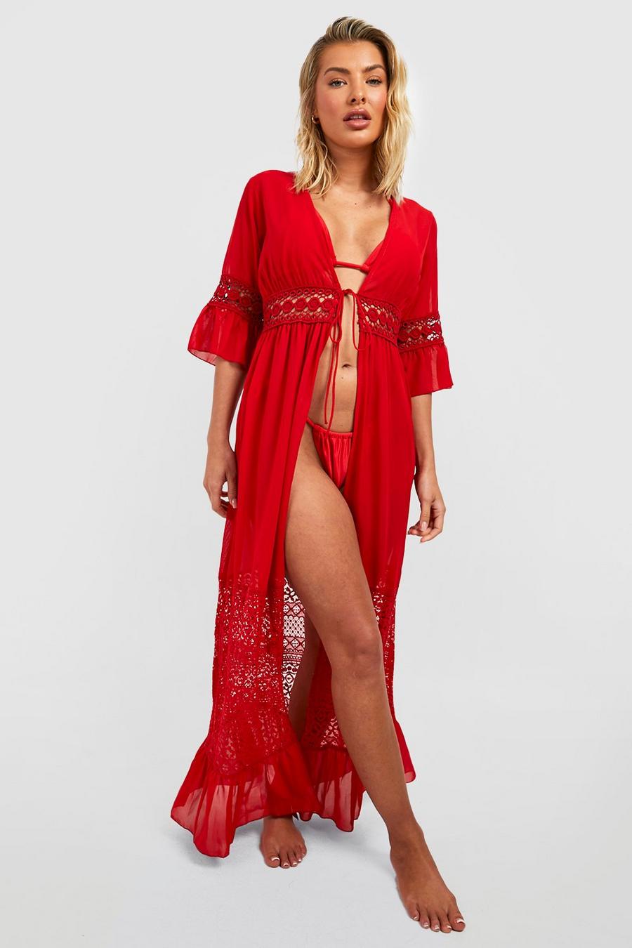 Red röd Chiffon Lace Trim Frill Tie Waist Beach Kimono