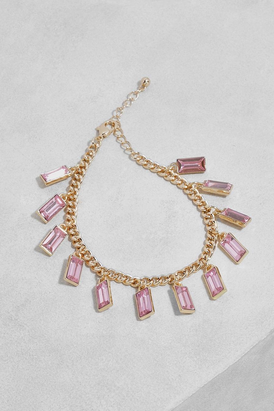 Multi Emerald Cut Pink Droplet Chain Bracelet image number 1