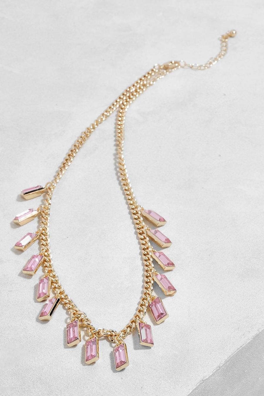 Emerlad Cut Pink Droplet Chain Necklace image number 1