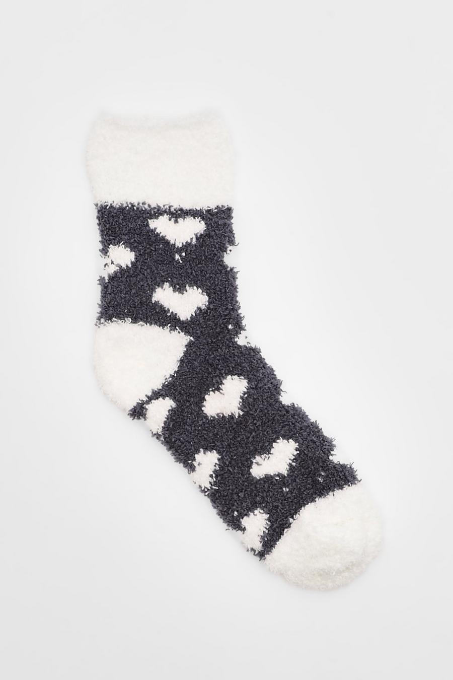 Dark grey Fluffy Heart Print Bed Socks image number 1