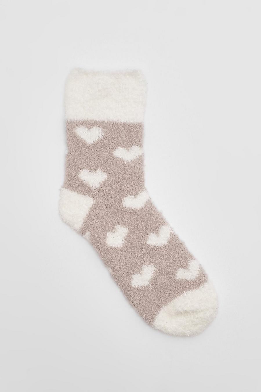Beige Fluffy Heart Print Bed Socks image number 1
