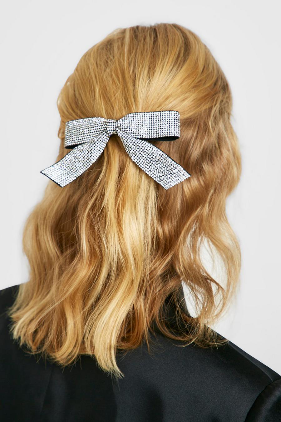 Silver Diamante Crystal Embellished Hair Bow  image number 1