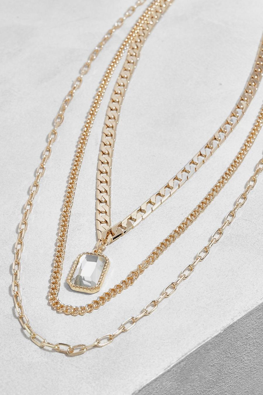 Gold Emerald Cut Charm Multilayer Chain Necklace image number 1