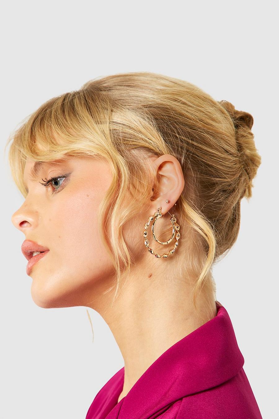 Gold Textured Double Twist Hoop Earrings image number 1
