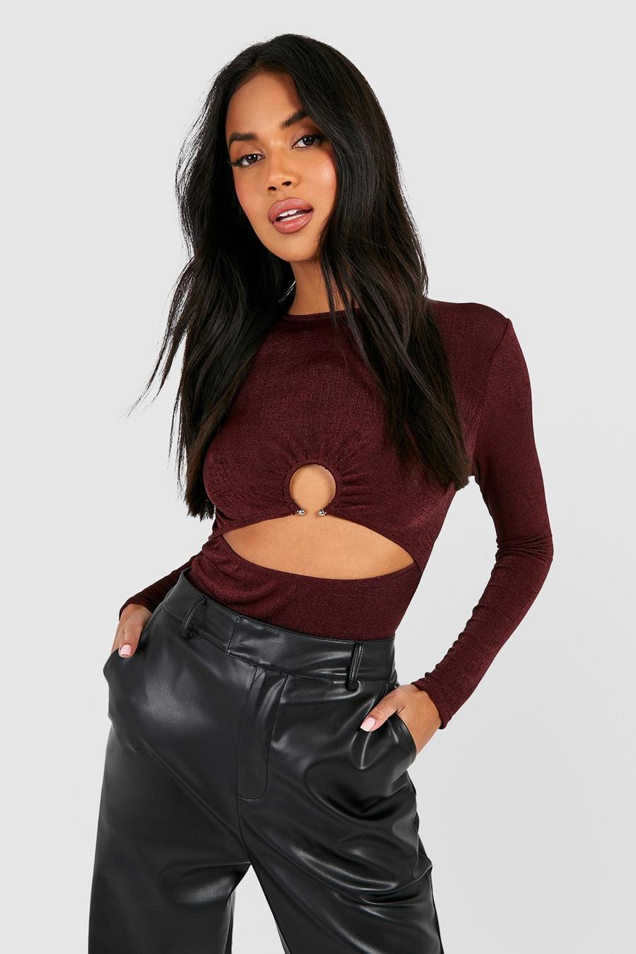 Chocolate Textued Slinky Long Sleeve Ring Detail Cut Out Top image number 1