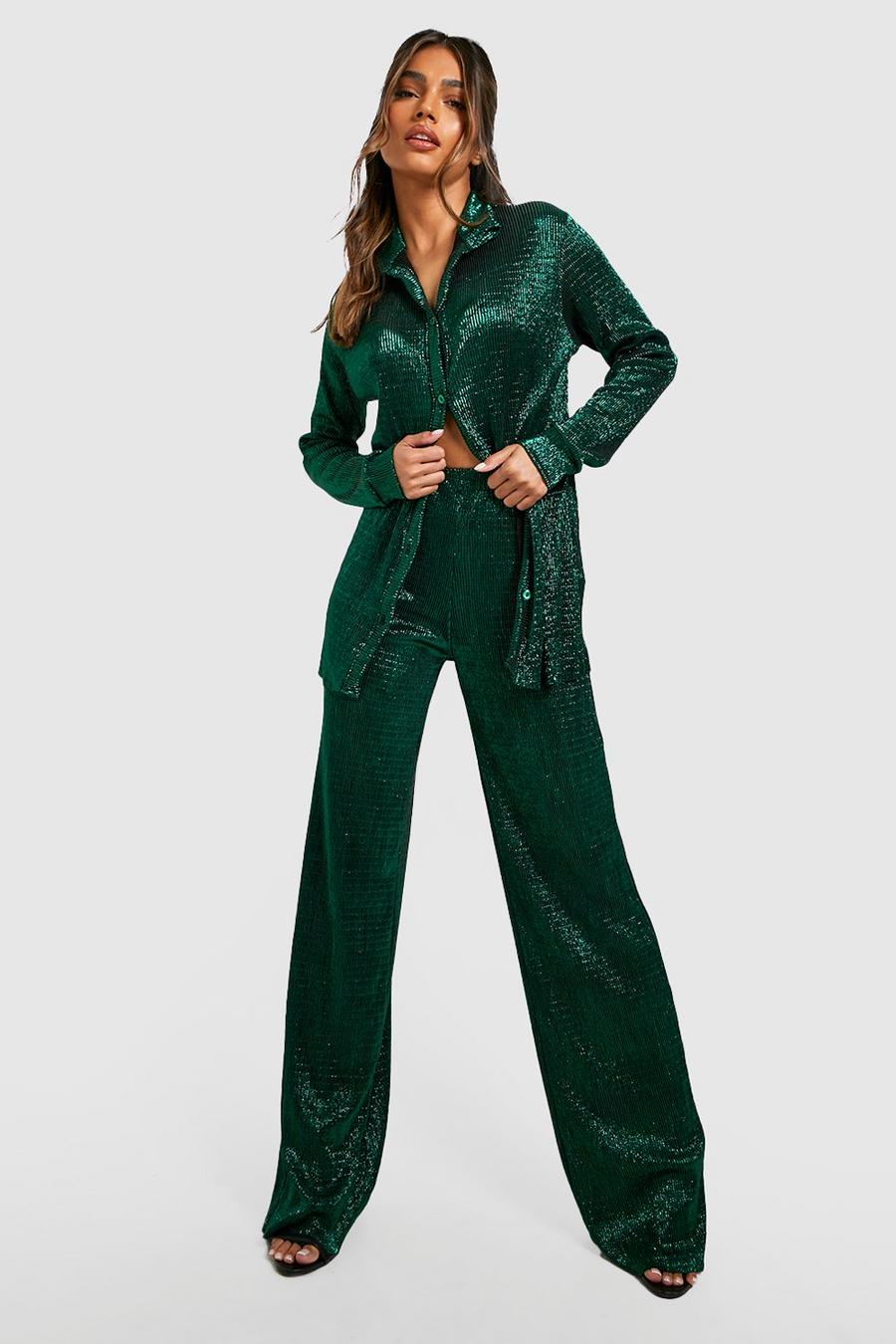 Pantaloni a gamba ampia plissettati metallizzati, Emerald
