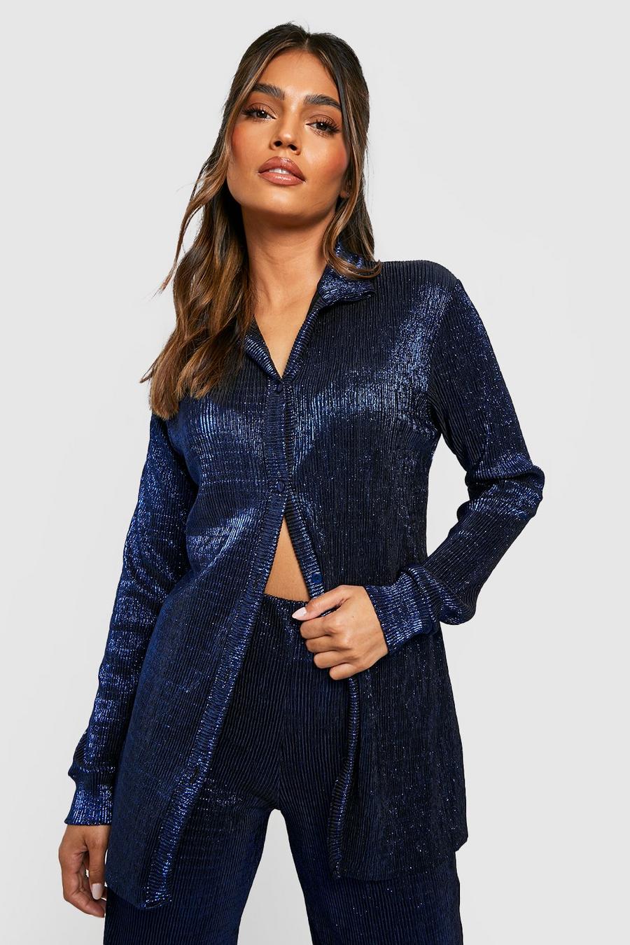 Cobalt Metallic Plisse Oversized Relaxed Fit Shirt image number 1