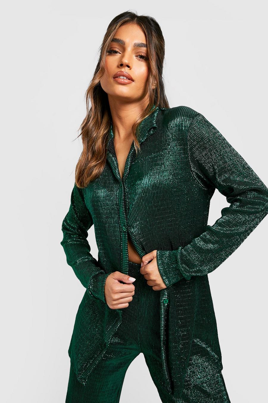 Emerald green Metallic Plisse Oversized Relaxed Fit Shirt