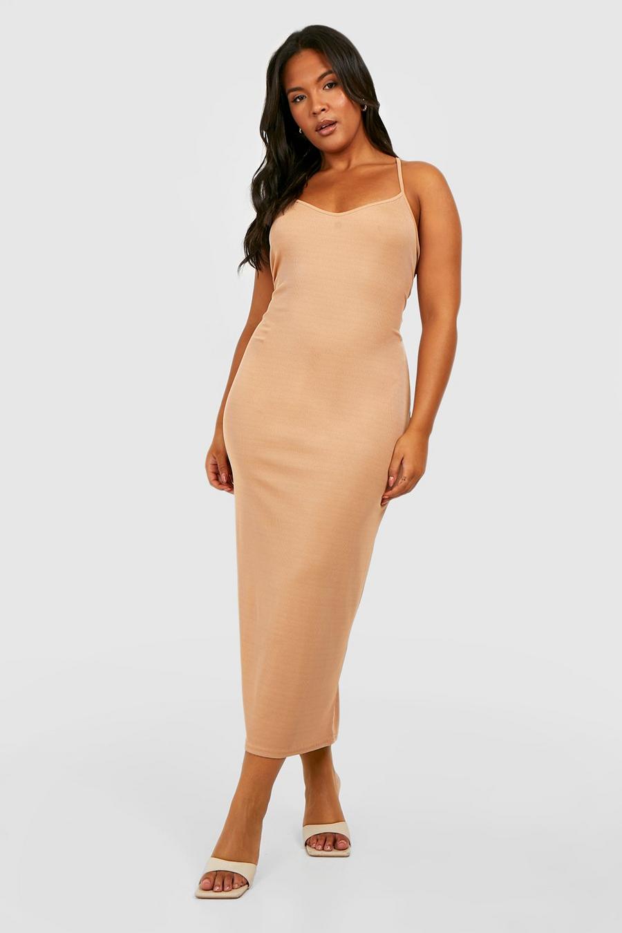 Camel Plus Rib Strappy Maxi Dress image number 1