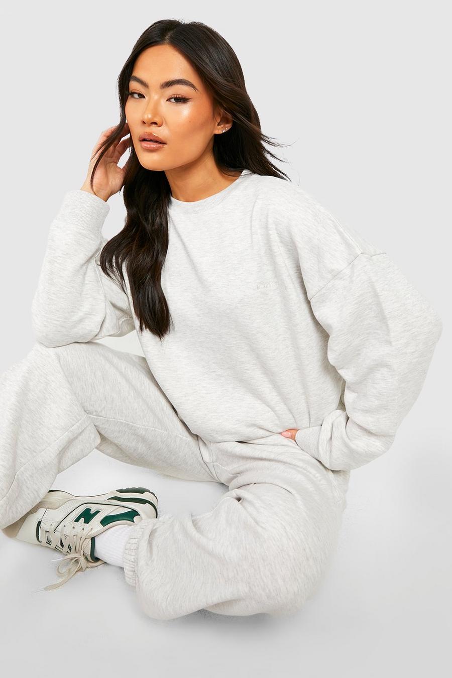 Ash grey Slogan Embroidered Oversized Sweater Tracksuit 