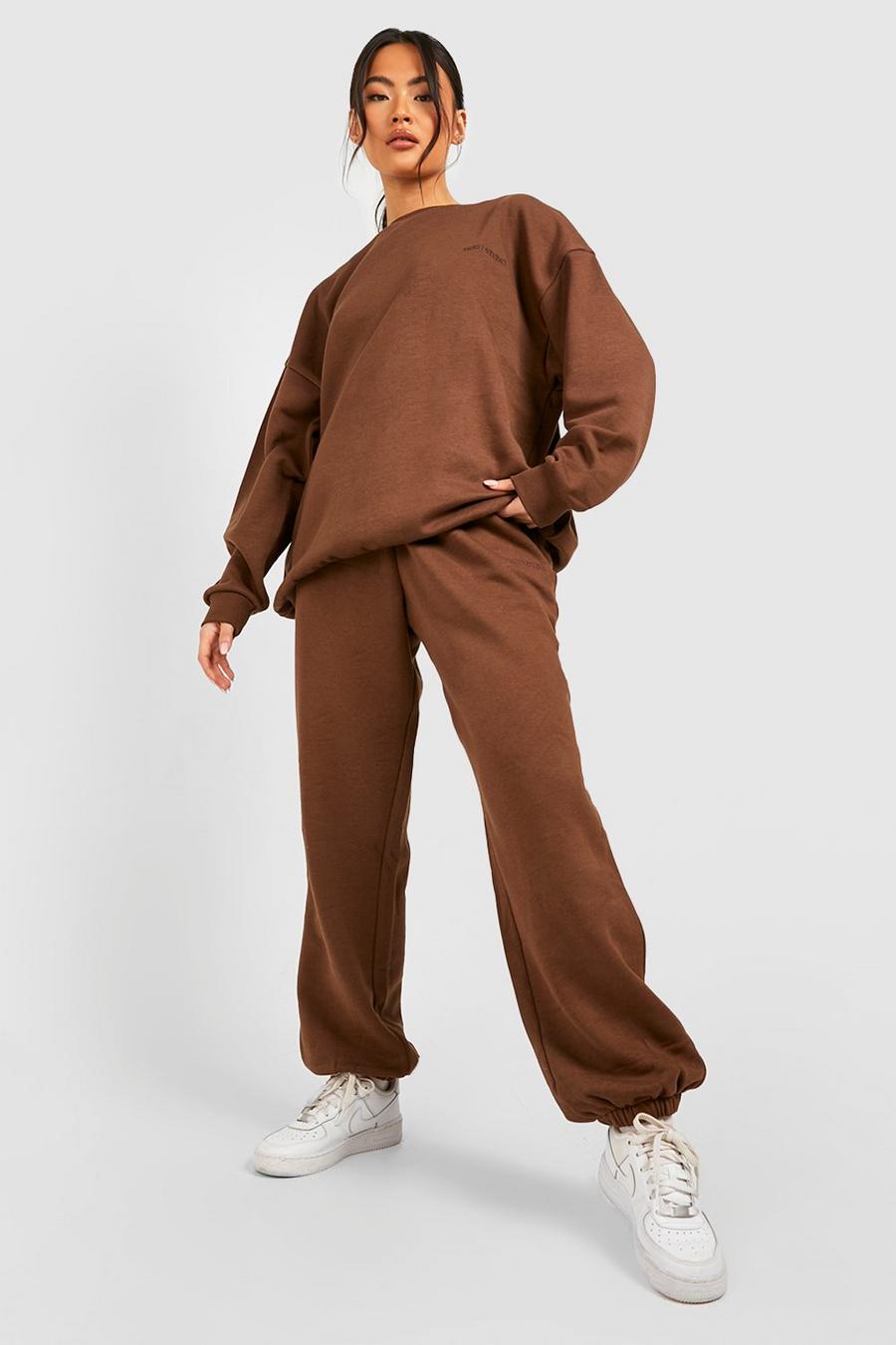 Chocolate marrone Slogan Embroidered Oversized Sweater Tracksuit