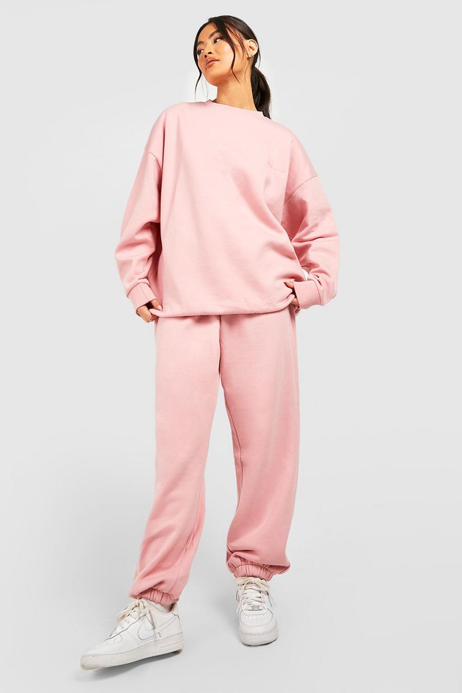 Oversize Sweatshirt-Trainingsanzug mit Slogan-Stickerei, Dusky pink image number 1