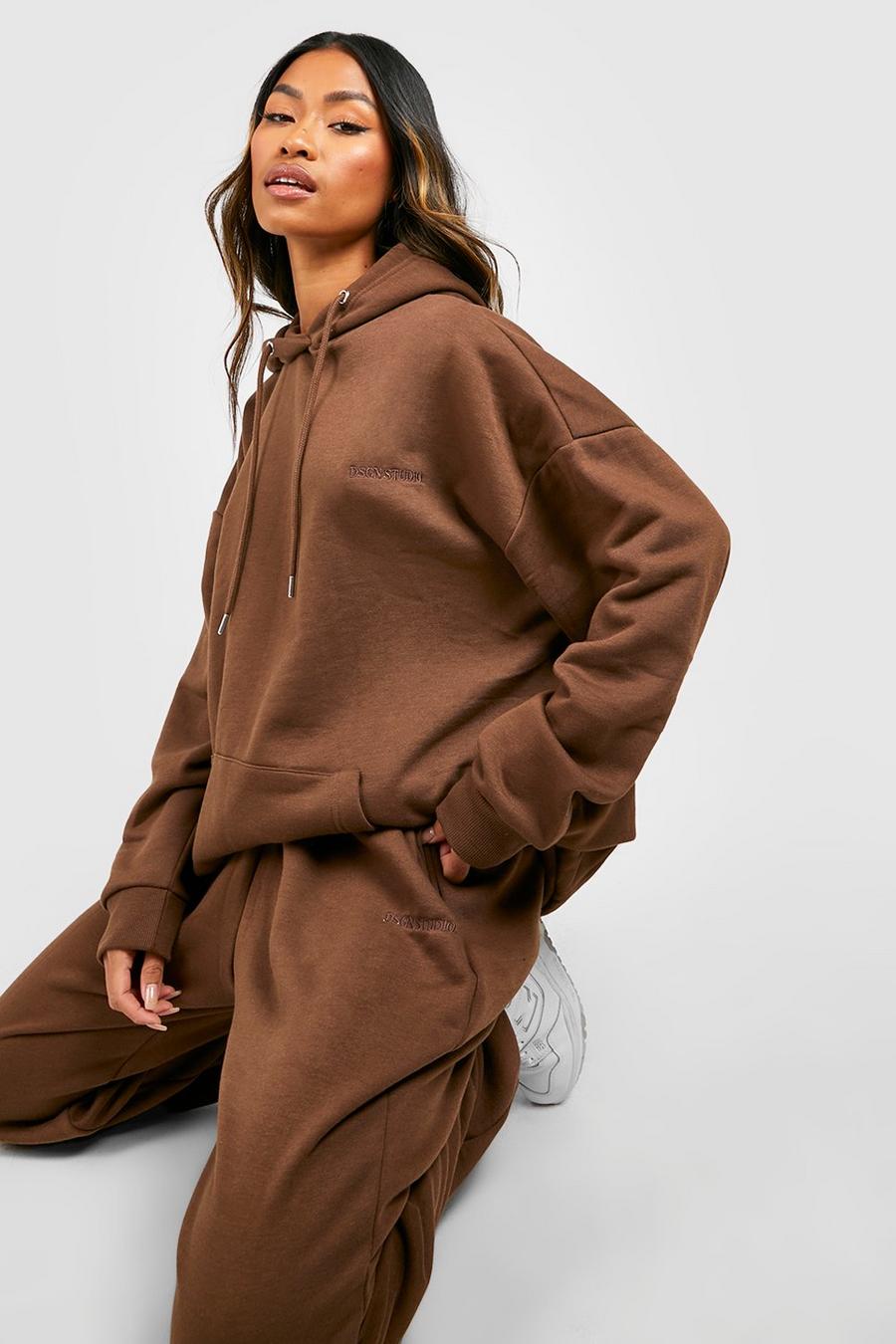 Chocolate Slogan Embroidered Hooded Tracksuit  image number 1