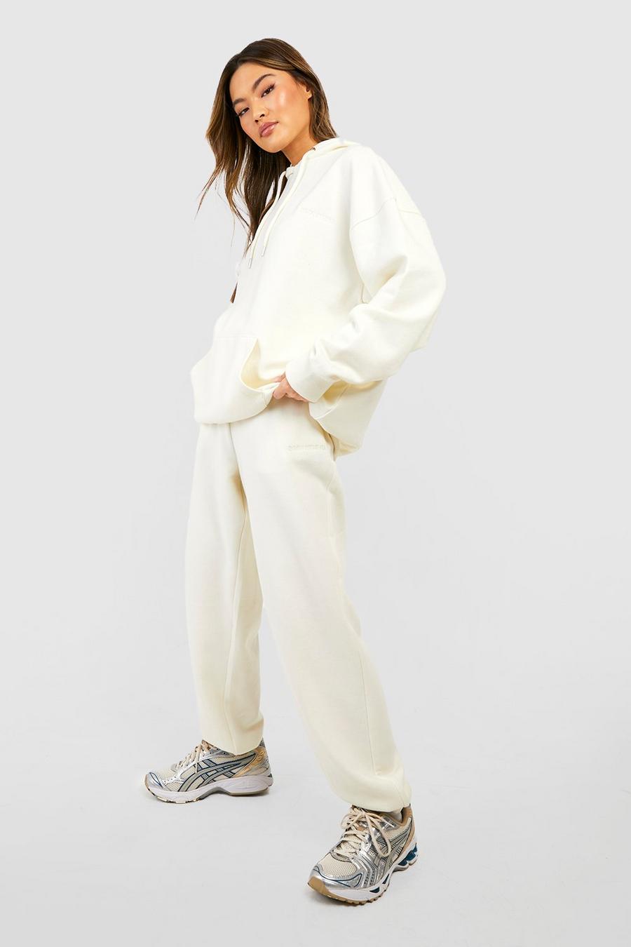 Slogan Embroidered Hooded Tracksuit, Ecru white