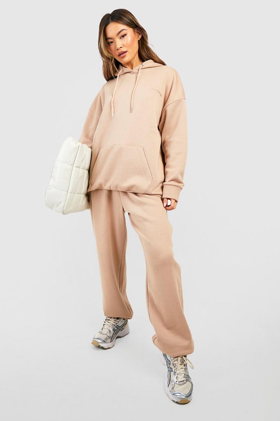 Taupe beige Slogan Embroidered Hooded Tracksuit