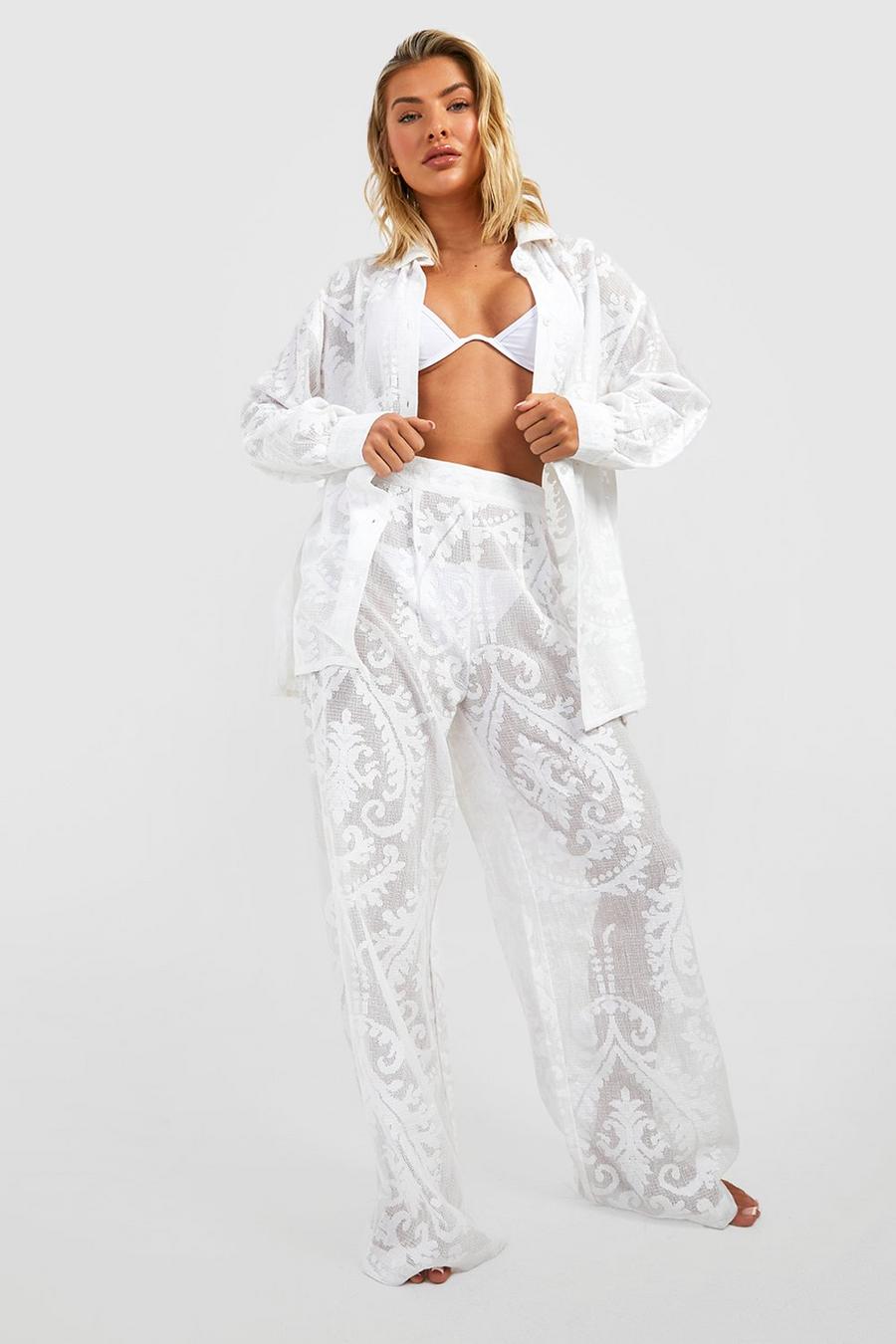 White Premium Lace Oversized Beach Shirt image number 1