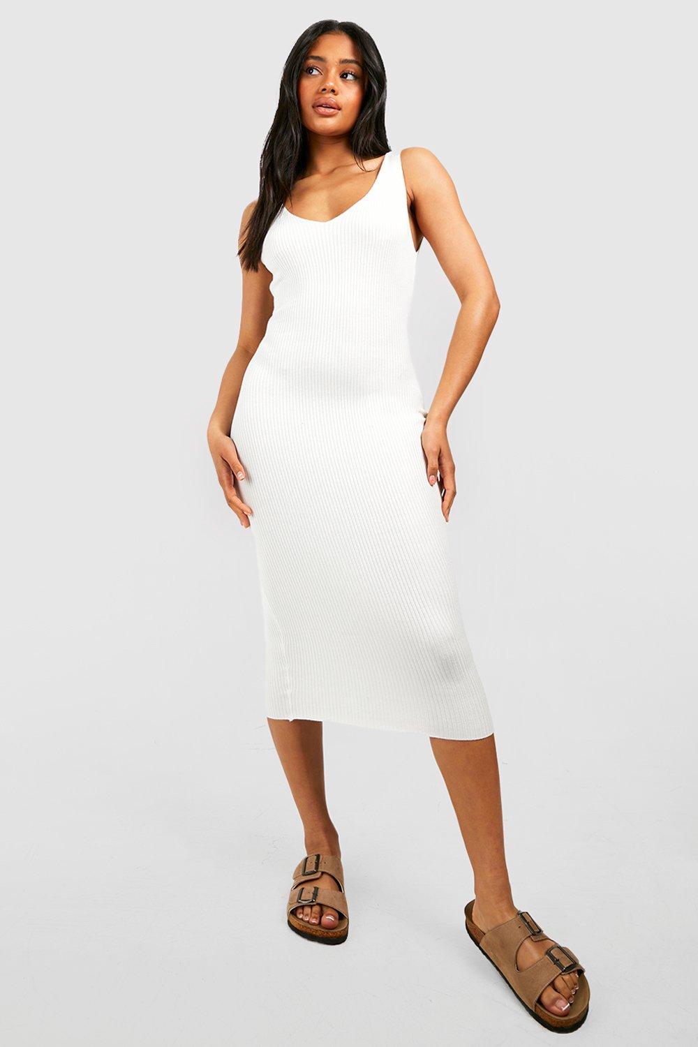 Rib Knit V Neck Midi Dress | boohoo