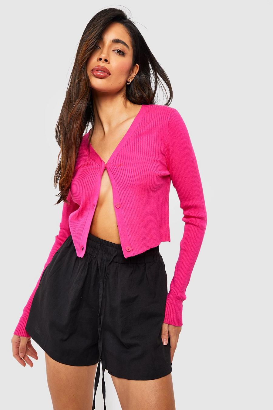 Hot pink Rib Knit Crop Cardigan