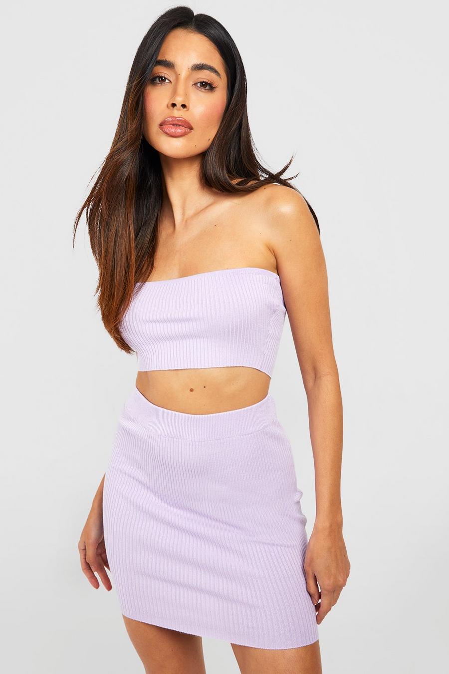 Lilac purple Rib Knit Bandeau Crop Top & Midi Skirt