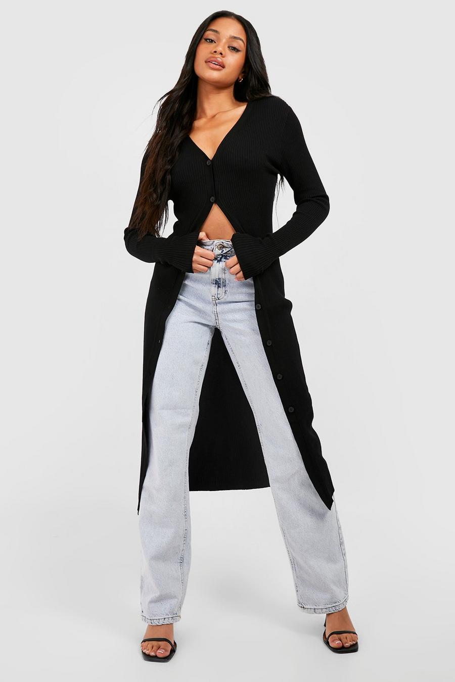 Black Rib Knit Button Front Longline Cardigan image number 1