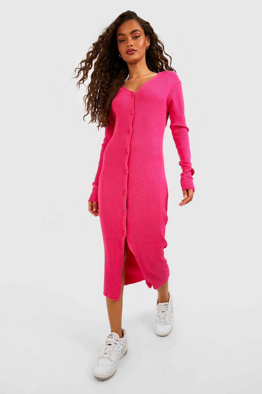 Hot pink Rib Knit Button Front Longline Cardigan