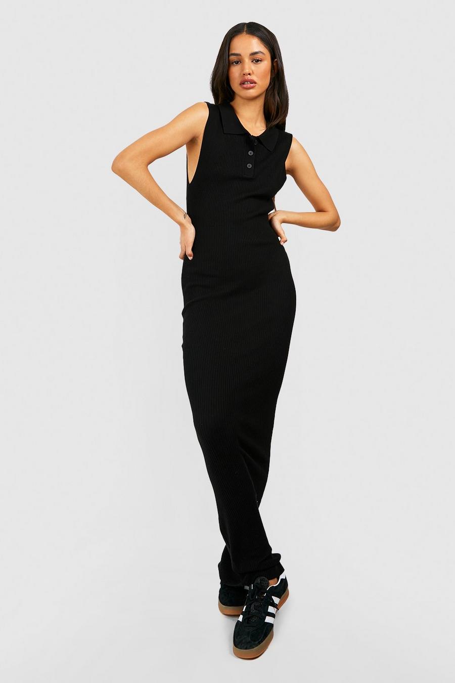 Black Collared Button Front Sleeve Rib Knit Maxi Dress image number 1