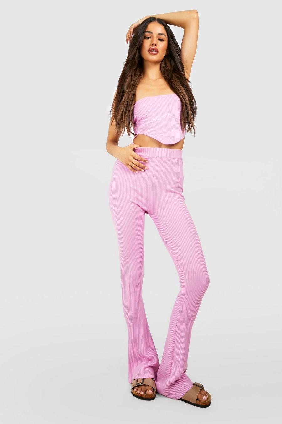 Rib Knit Seam Detail Curved Hem Top & Flared Leg Trouser, Orchid purple image number 1
