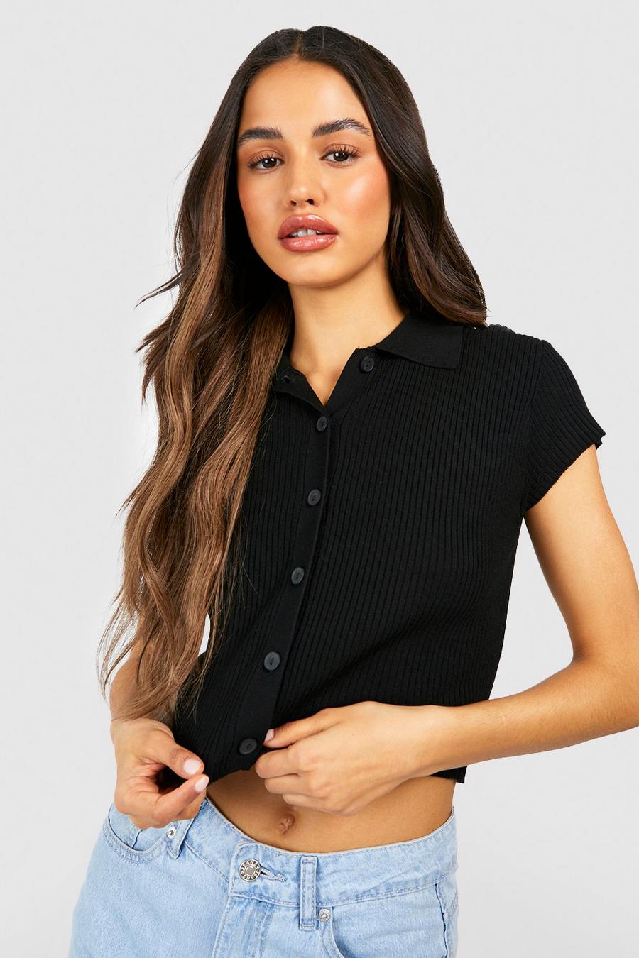Black Collared Button Front Cap Sleeve Rib Knit Crop Top image number 1