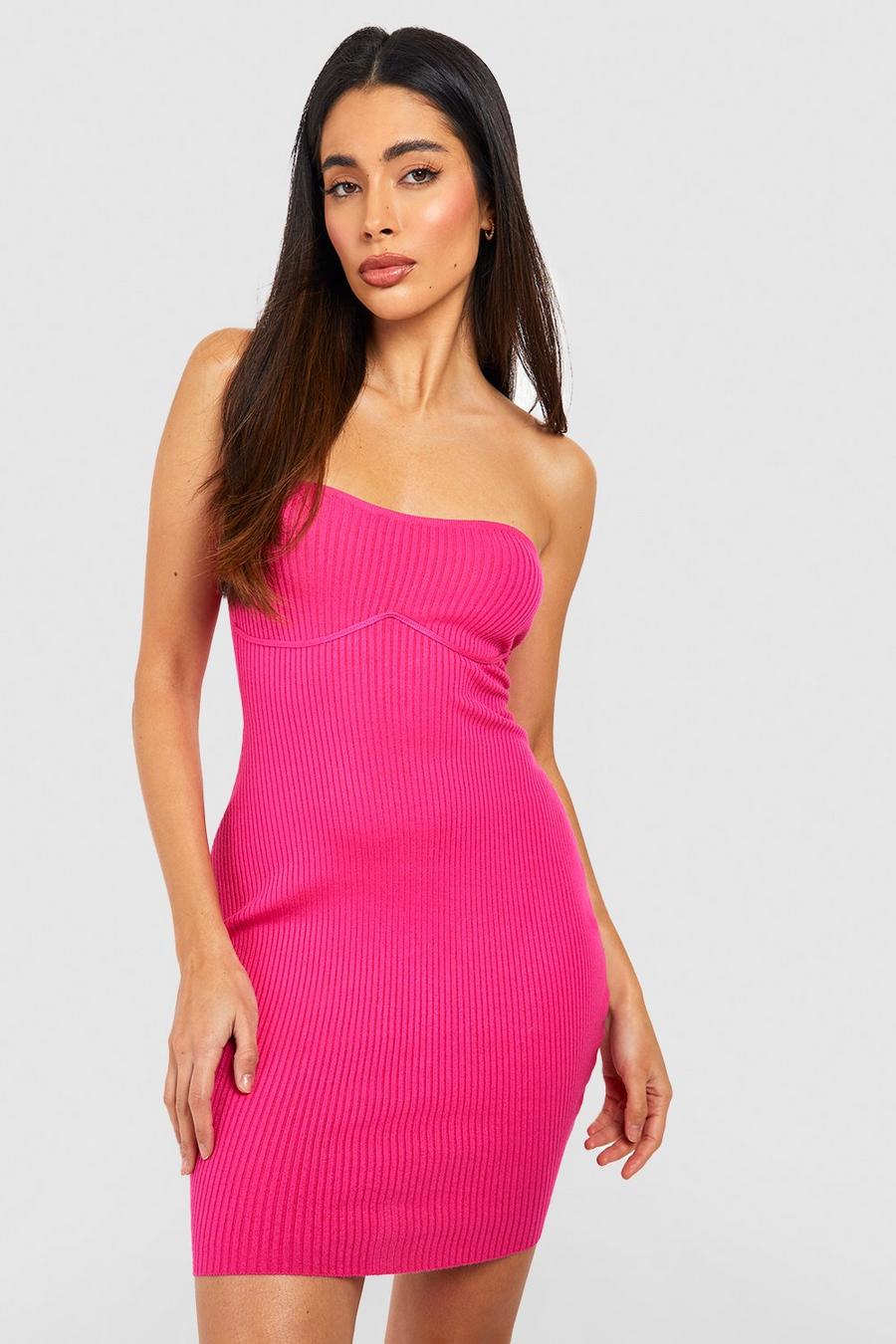 Hot pink Rib Knit Seam Detail Bandeau Mini Dress