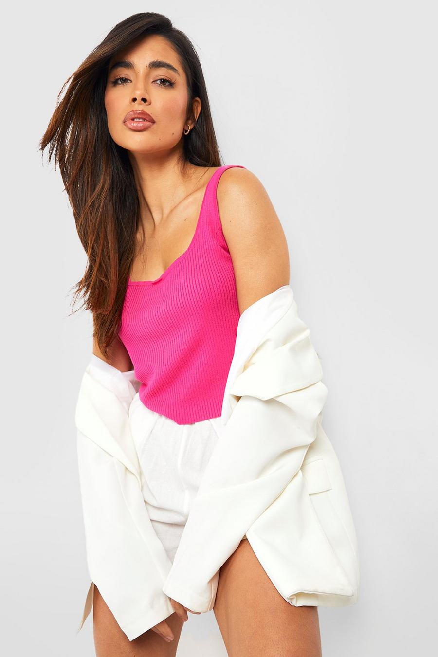 Hot pink Square Neck Rib Knit Crop Top image number 1