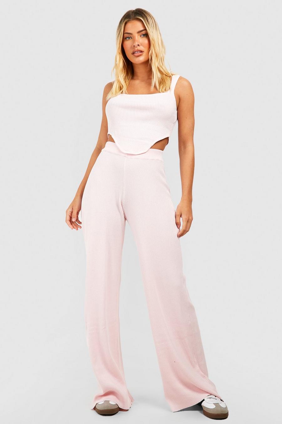 Baby pink Rib Knit Curved Hem Corset Crop Top And Wide Leg Pants image number 1