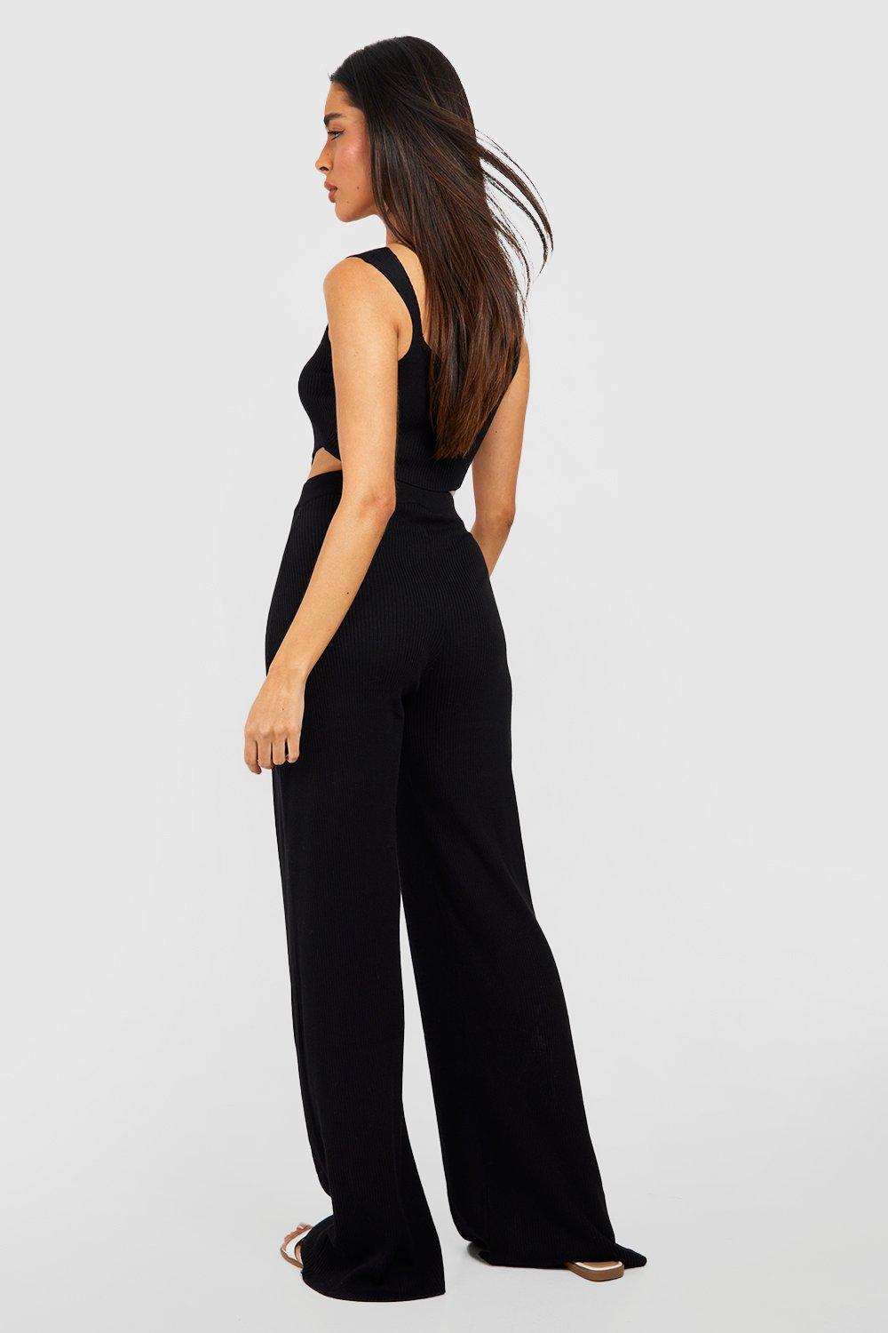 Rib Knit Curved Hem Corset Crop Top And Wide Leg Pants