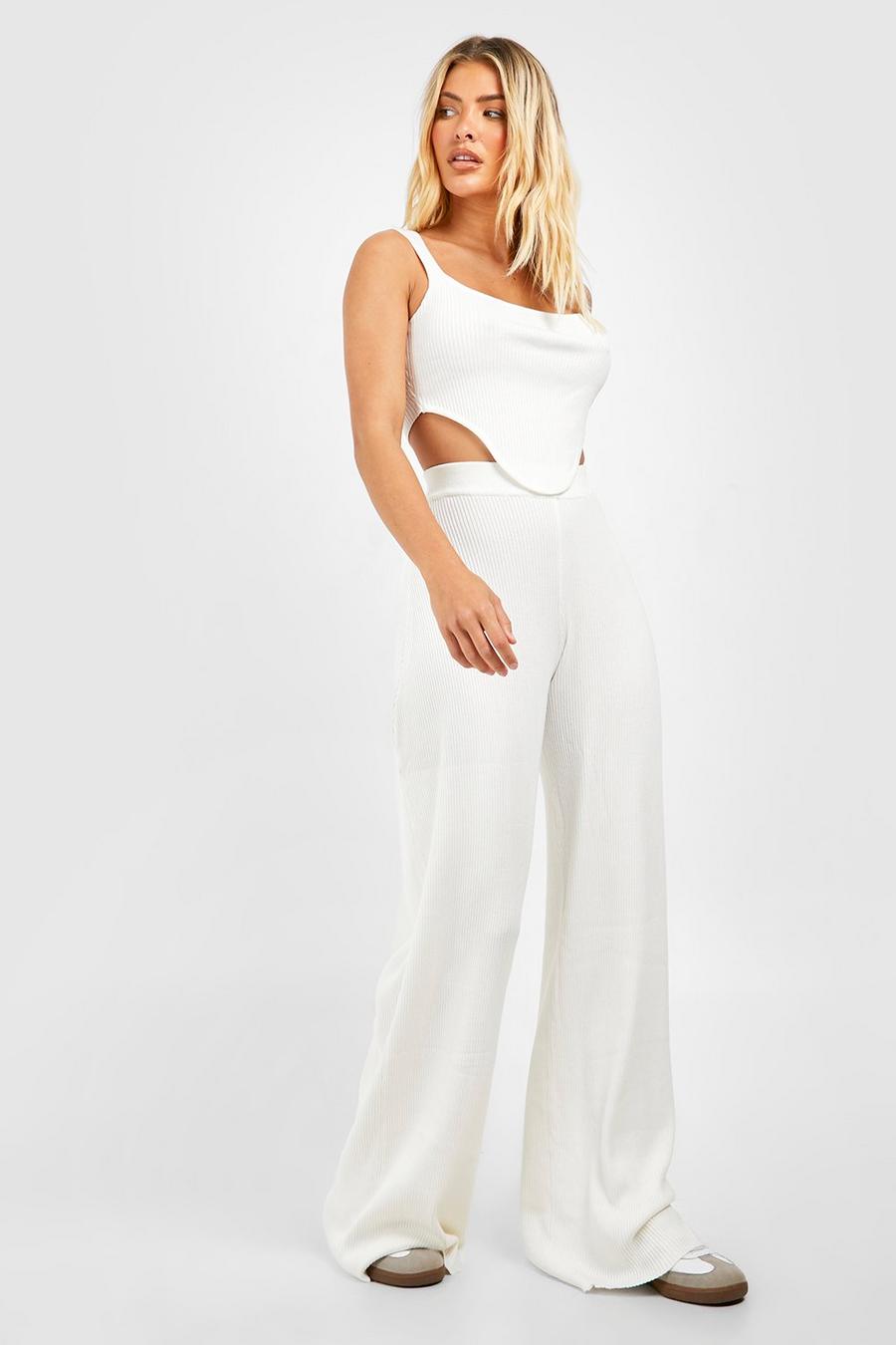 Ivory Rib Knit Curved Hem Corset Crop Top And Wide Leg Trouser image number 1