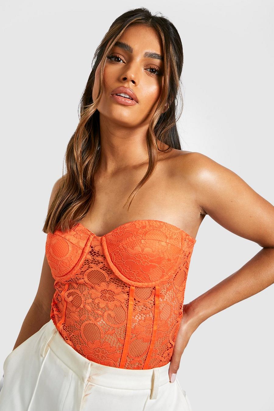 Orange Strapless Lace Bodysuit image number 1