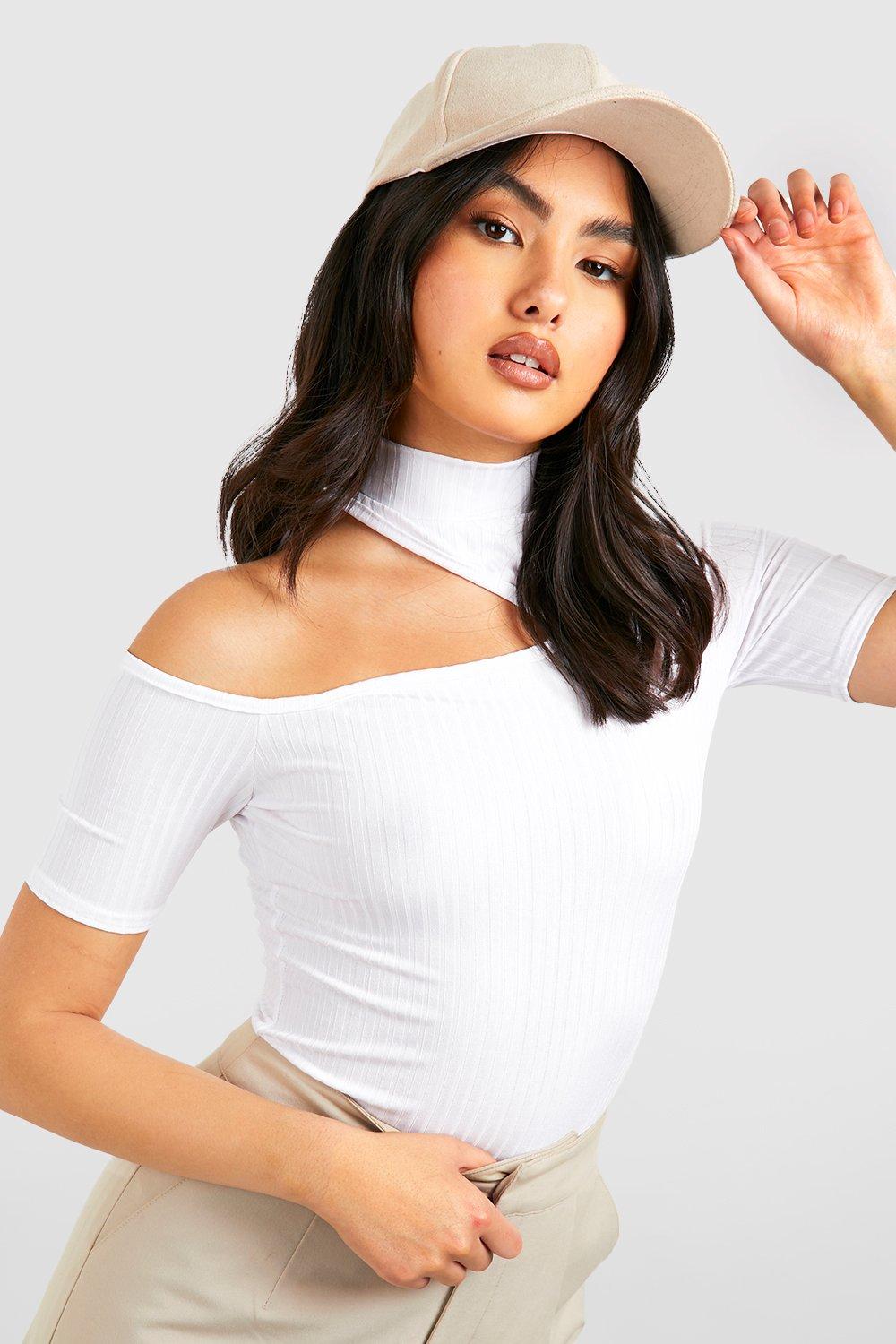 High neck cheap off shoulder top