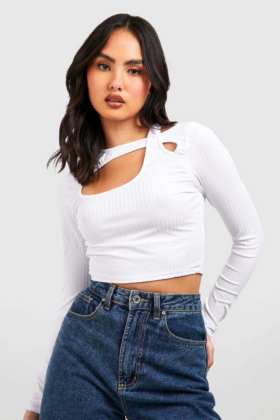 White Rib Cut Out Detail Crop Top  image number 1